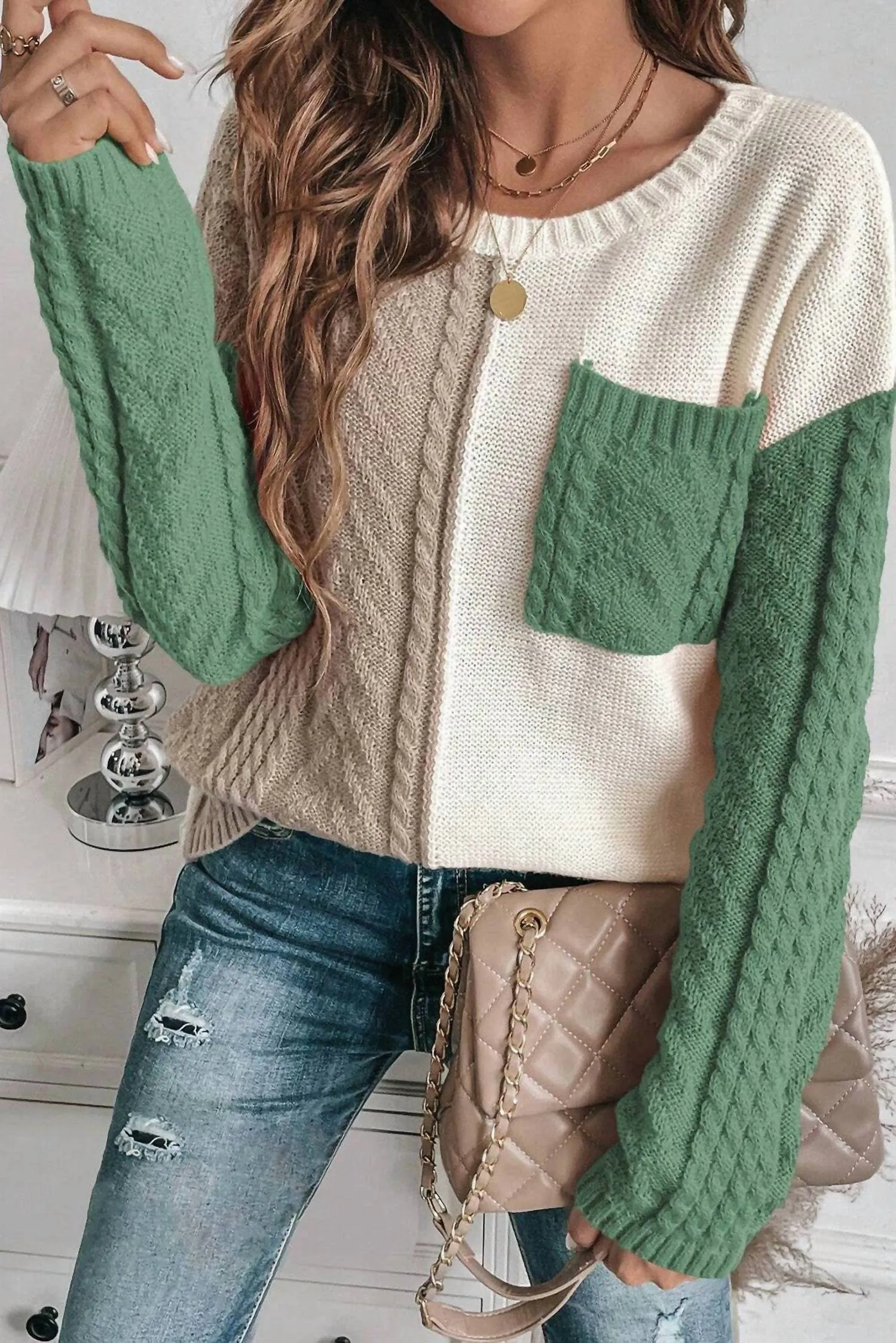 Colorblock Cable Patched Pocket Sweater In Vineyard Green
