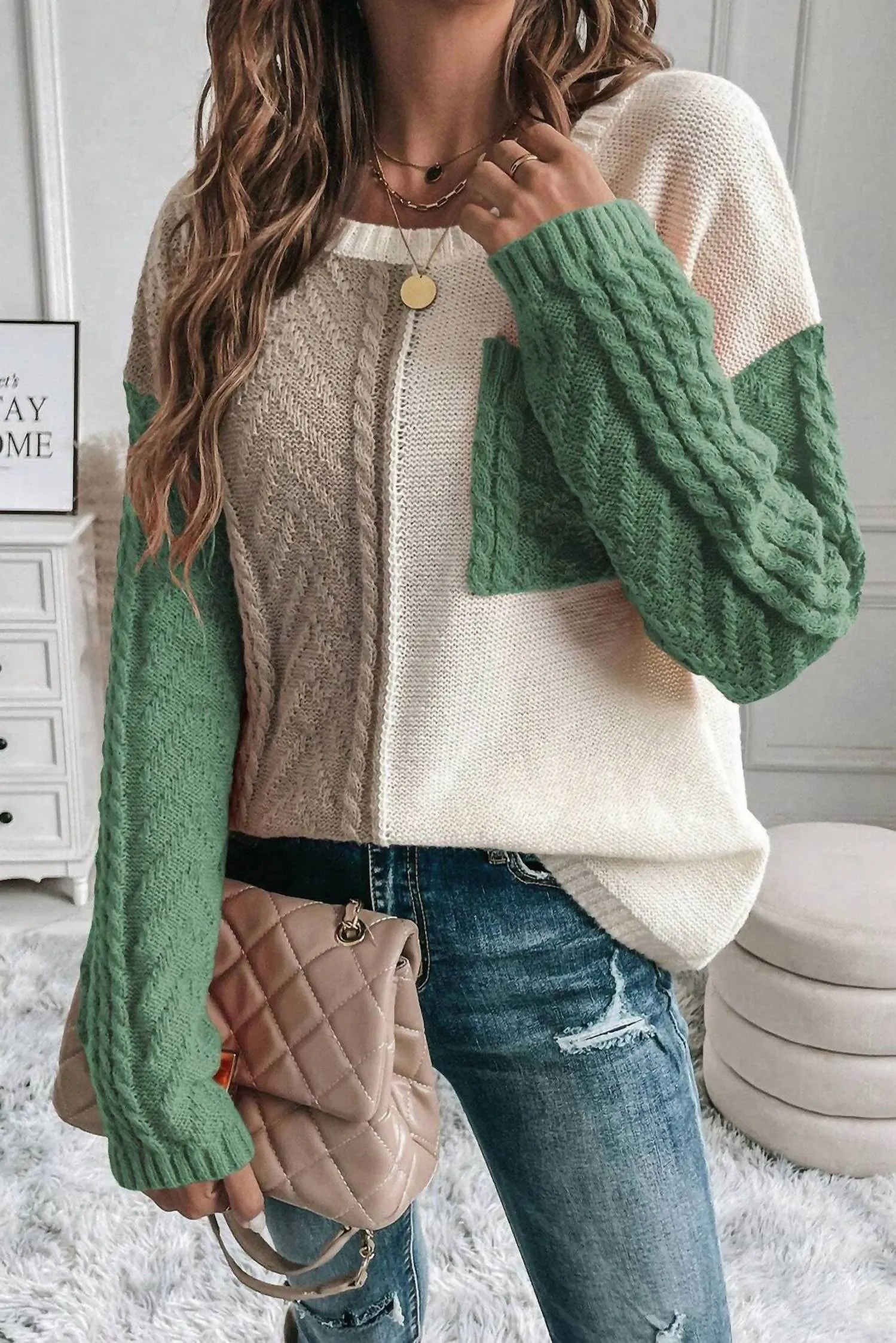 Colorblock Cable Patched Pocket Sweater In Vineyard Green