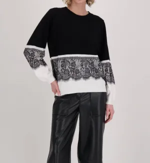 Contrast Lace Panel Sweater Top In Black And White