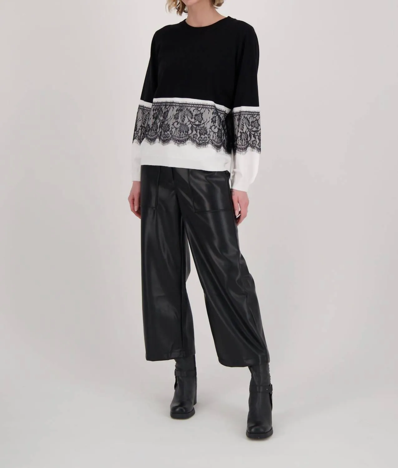 Contrast Lace Panel Sweater Top In Black And White