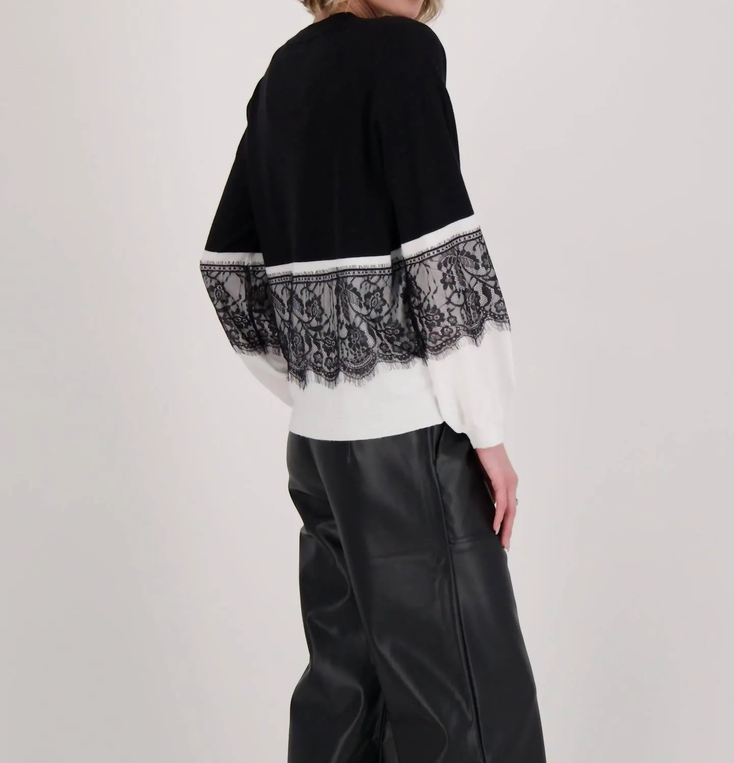 Contrast Lace Panel Sweater Top In Black And White