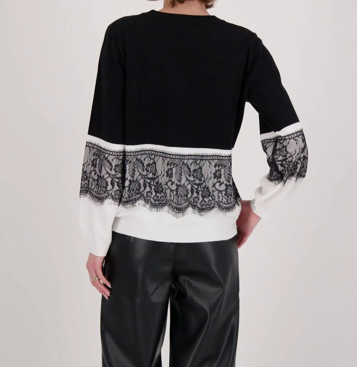 Contrast Lace Panel Sweater Top In Black And White