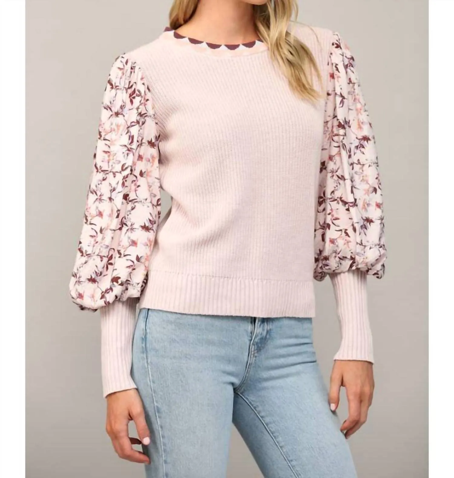 Contrast Woven Juliette Floral Sleeve Sweater In Mauve Floral