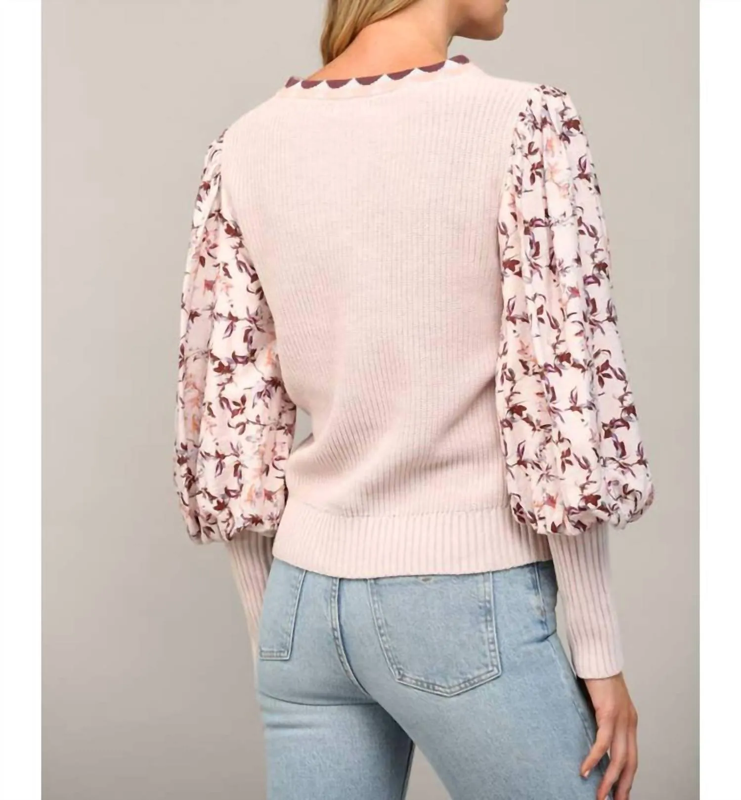 Contrast Woven Juliette Floral Sleeve Sweater In Mauve Floral
