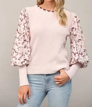Contrast Woven Juliette Floral Sleeve Sweater In Mauve Floral