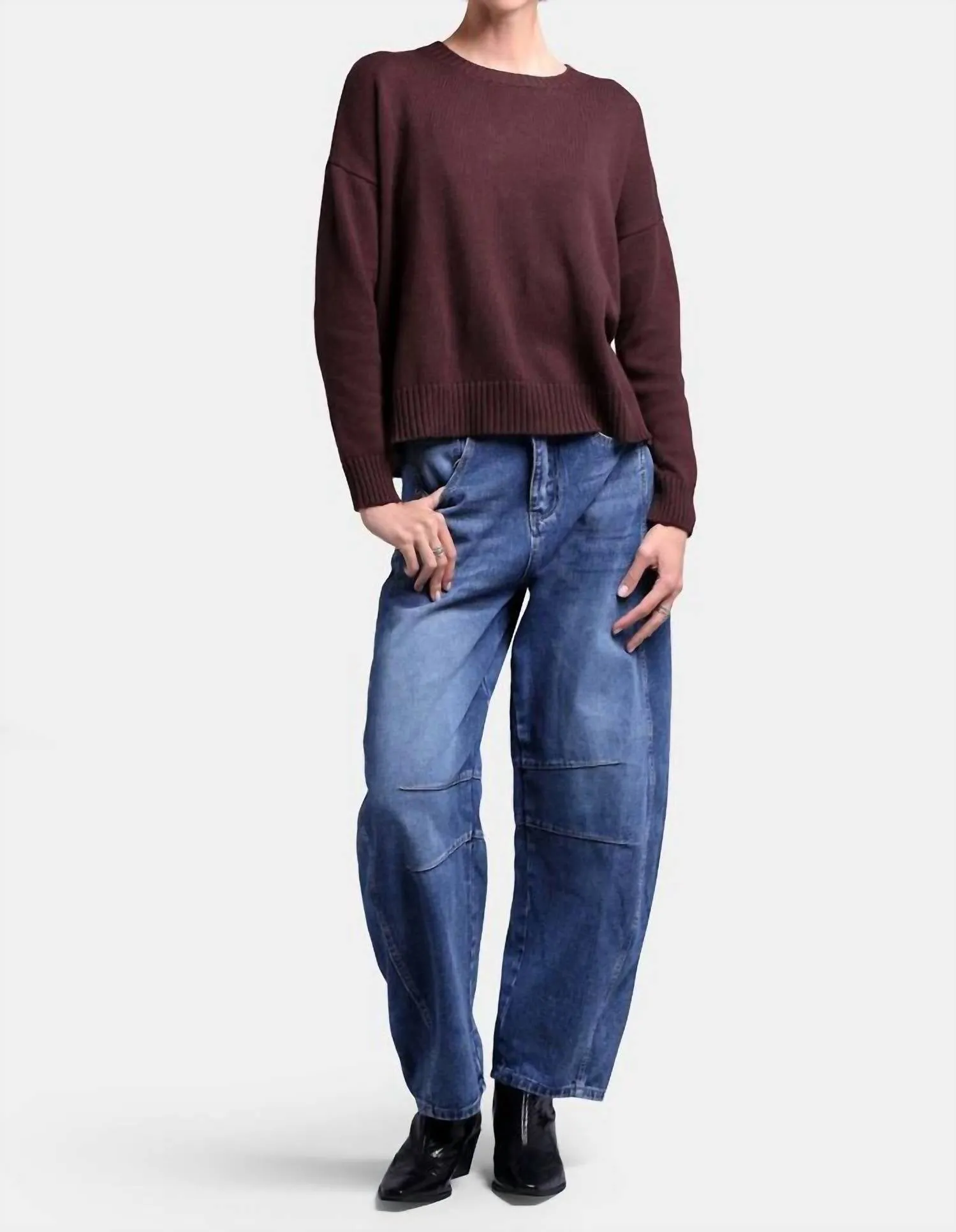 Cotton Cashmere Boxy Crew Neck Sweater In Chocolate