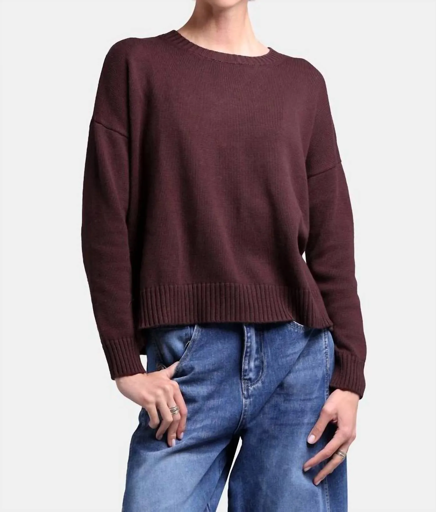 Cotton Cashmere Boxy Crew Neck Sweater In Chocolate