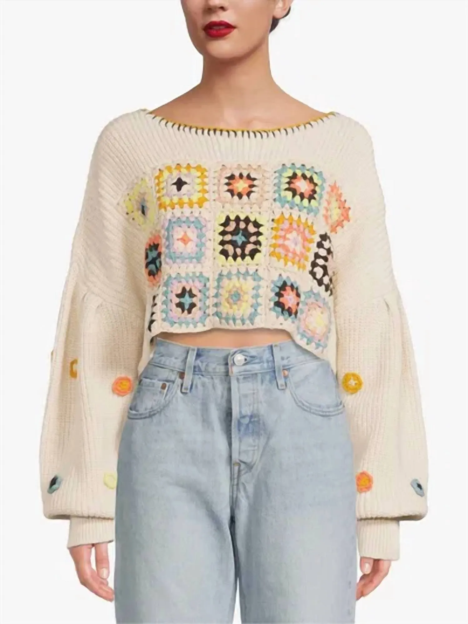 Dahlia Crochet Pullover Sweater In Pearl Combo