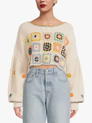 Dahlia Crochet Pullover Sweater In Pearl Combo