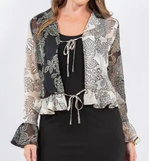 Devore Burnout Tie Front Cardigan In Ivory/black