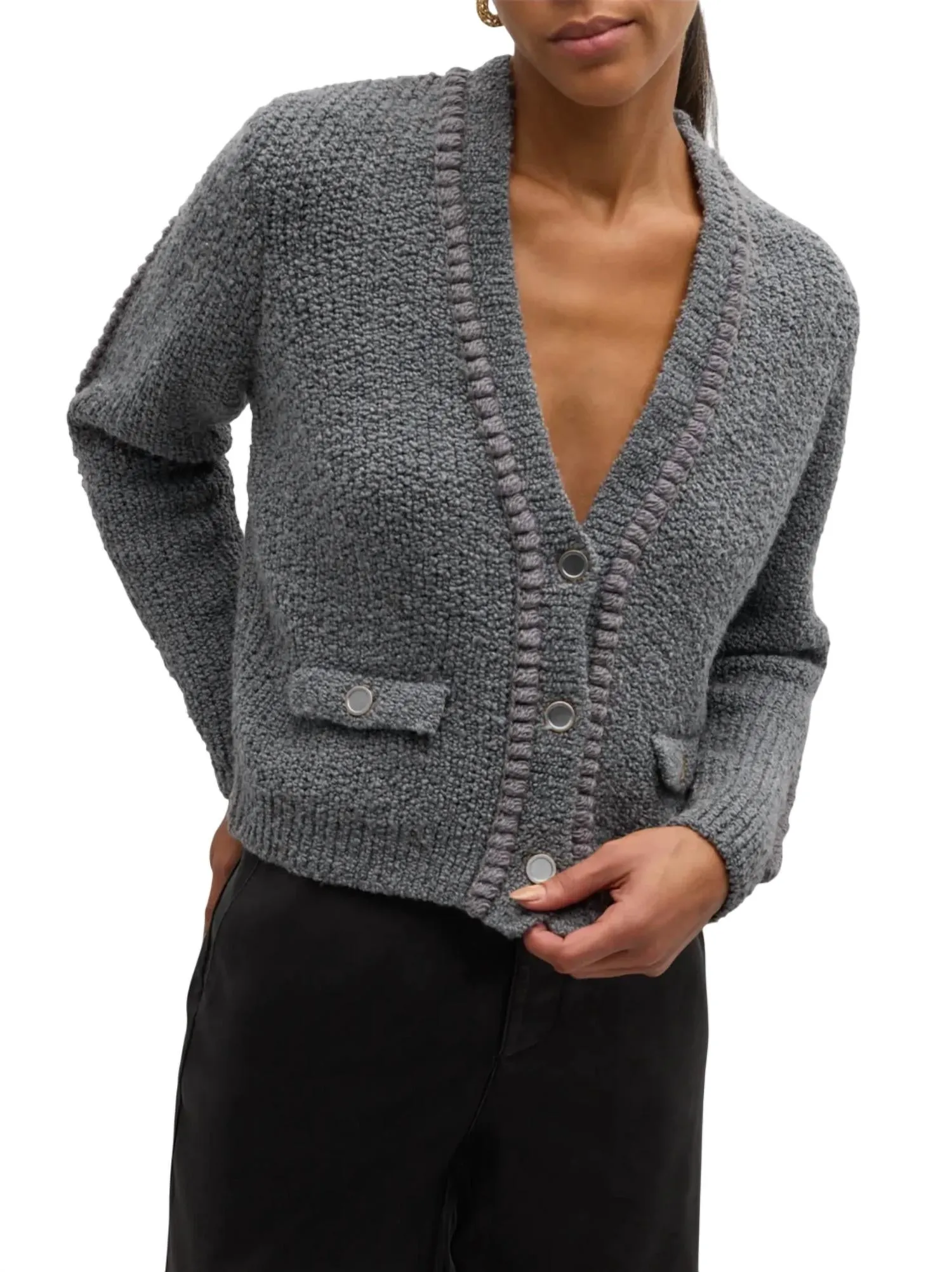 Double Pocket Cropped Cardigan In Pewter