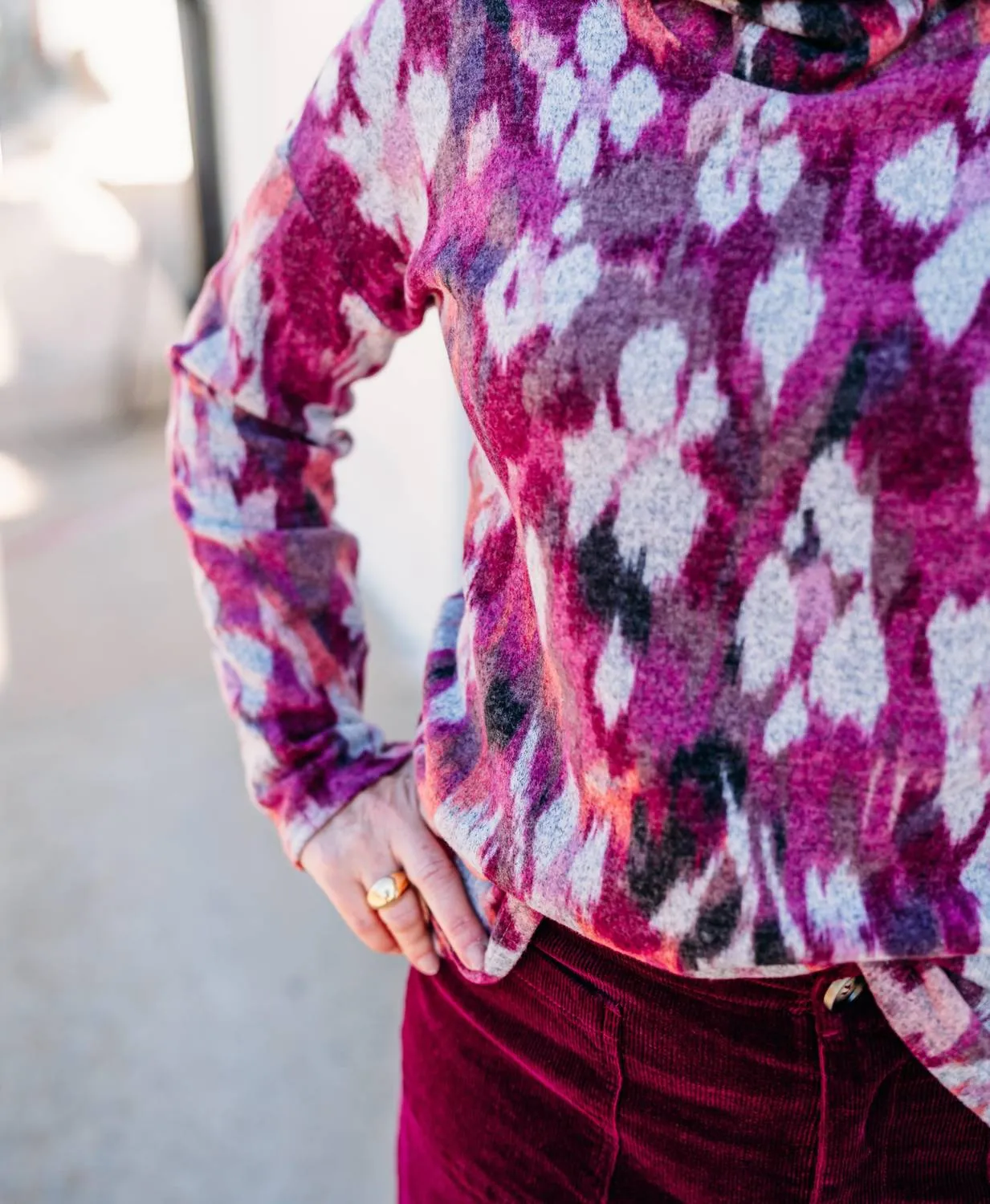 Drop Shoulder Cowl Neck Sweater In Red Plum