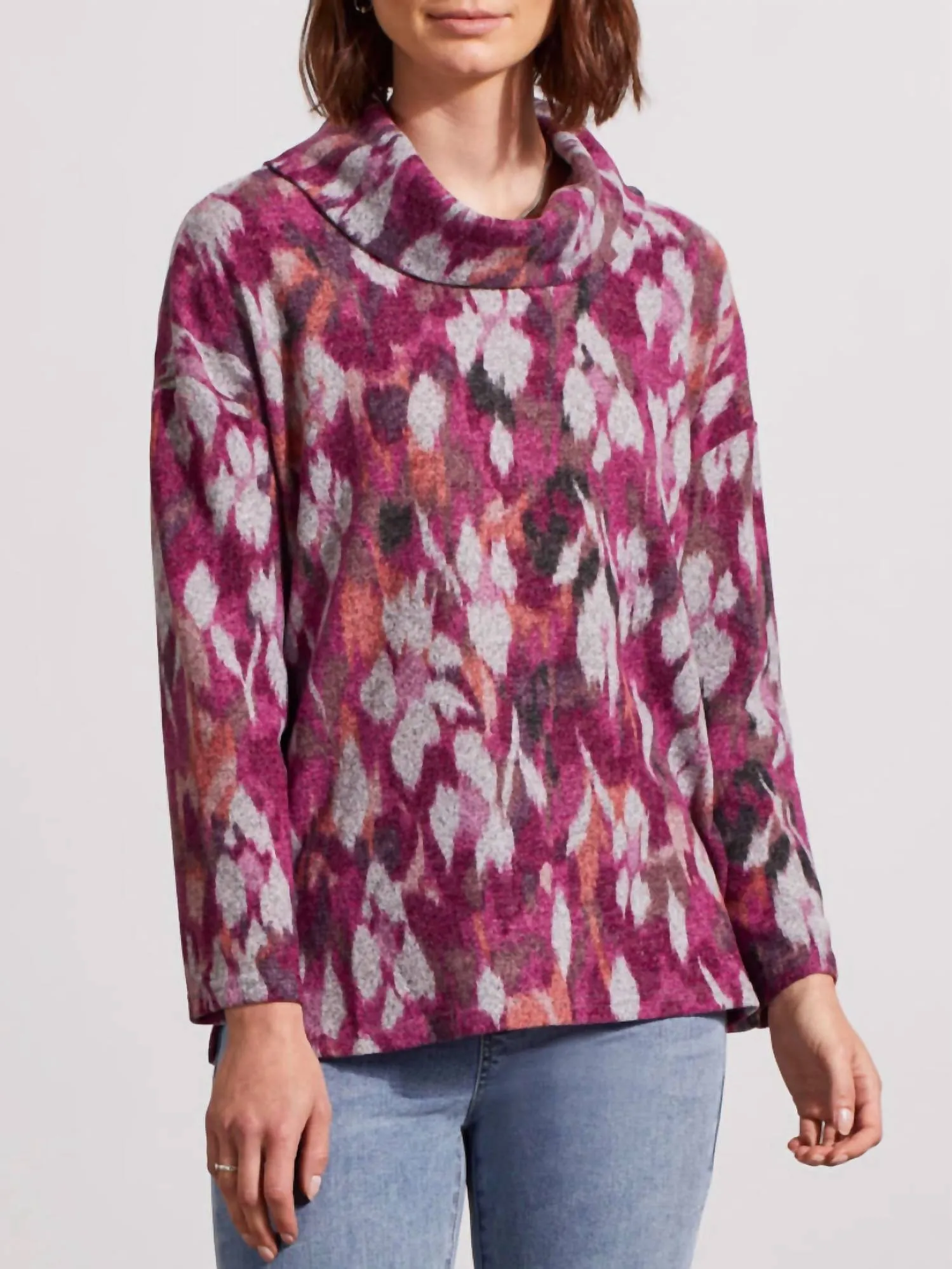 Drop Shoulder Cowl Neck Sweater In Red Plum