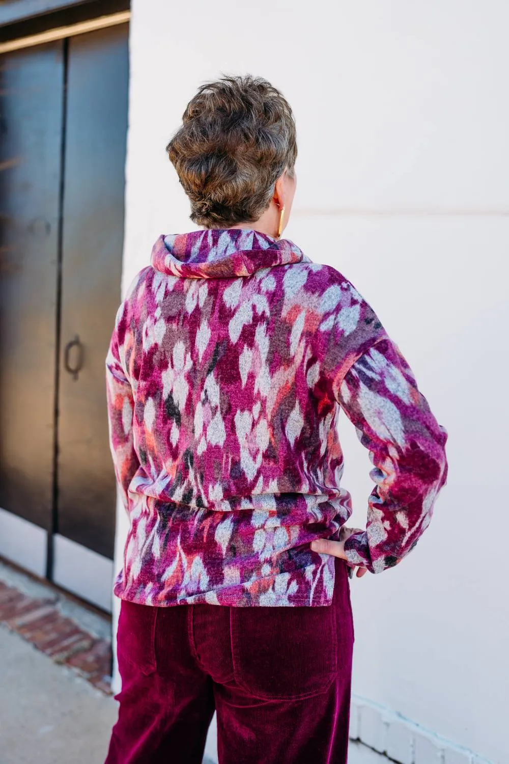 Drop Shoulder Cowl Neck Sweater In Red Plum