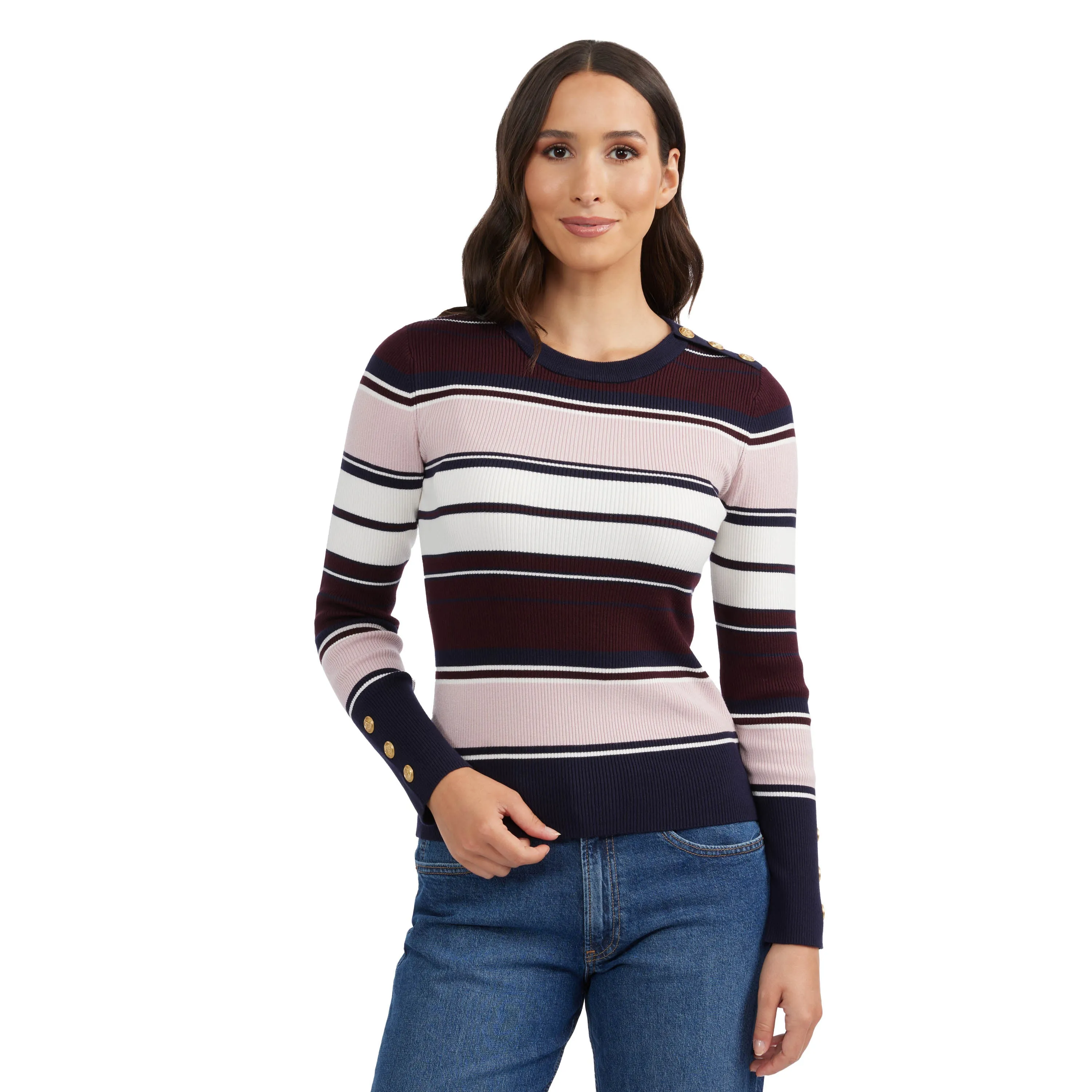 Ellen Tracy Women's Crew Neck Rib Sweater with Button Detail