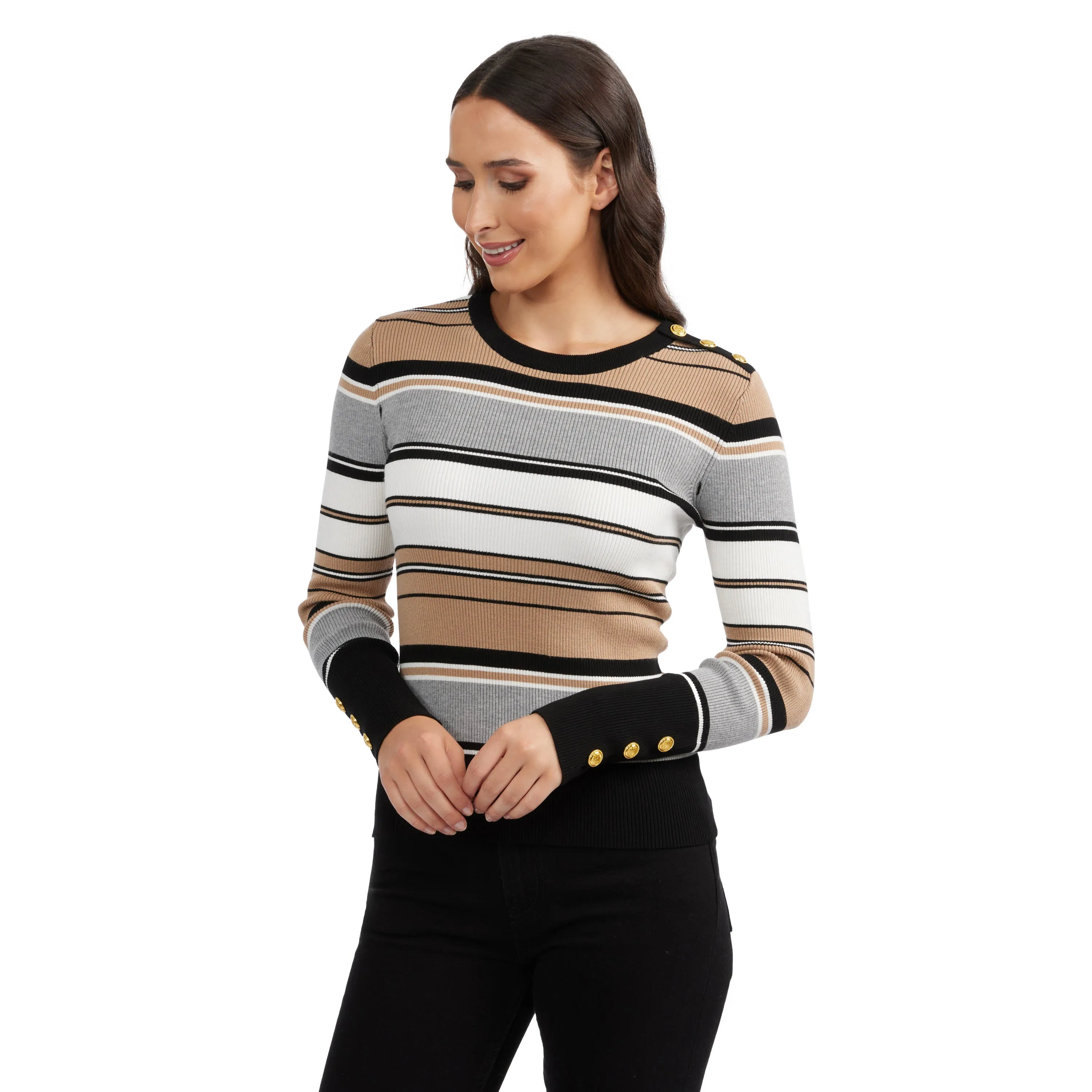 Ellen Tracy Women's Crew Neck Rib Sweater with Button Detail