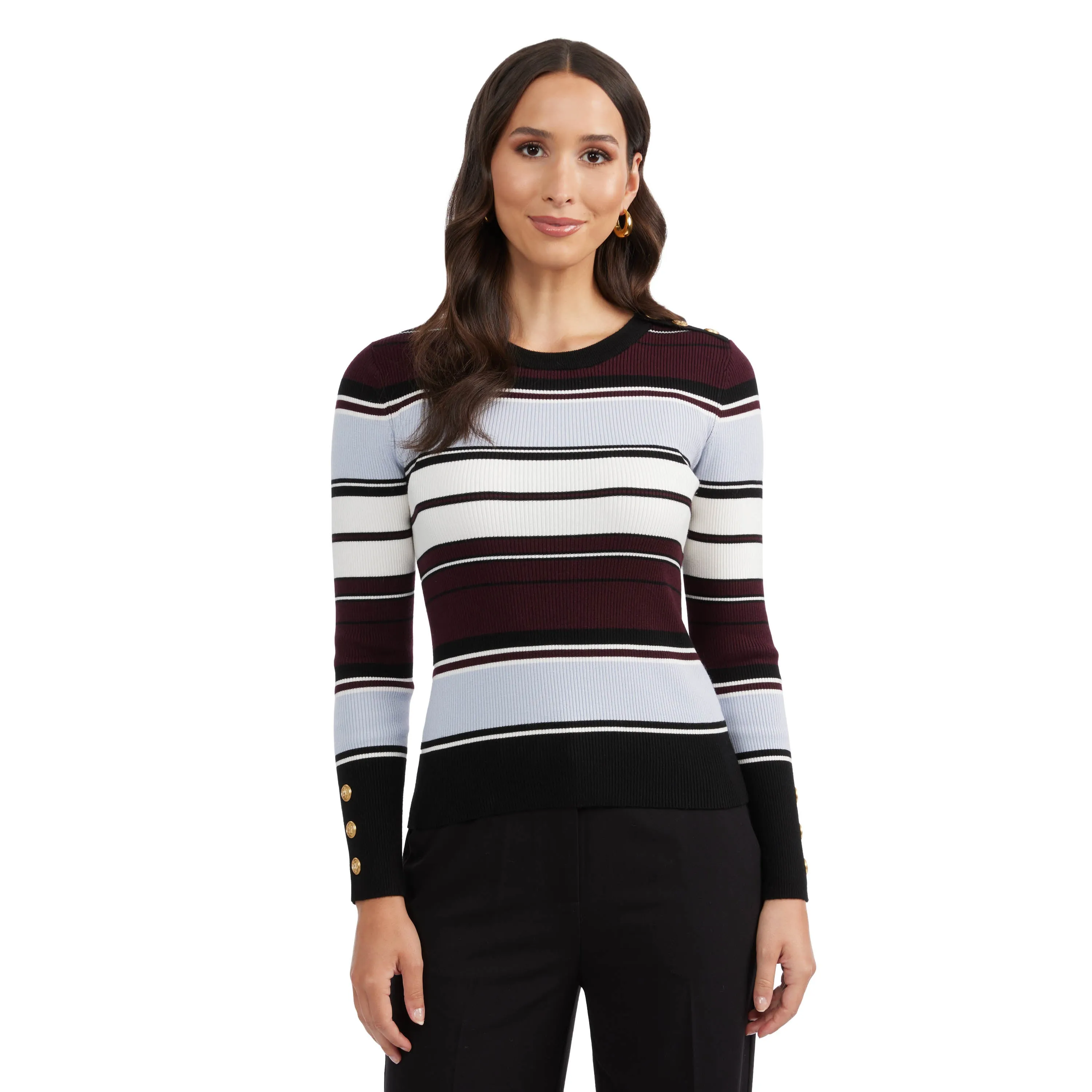 Ellen Tracy Women's Crew Neck Rib Sweater with Button Detail