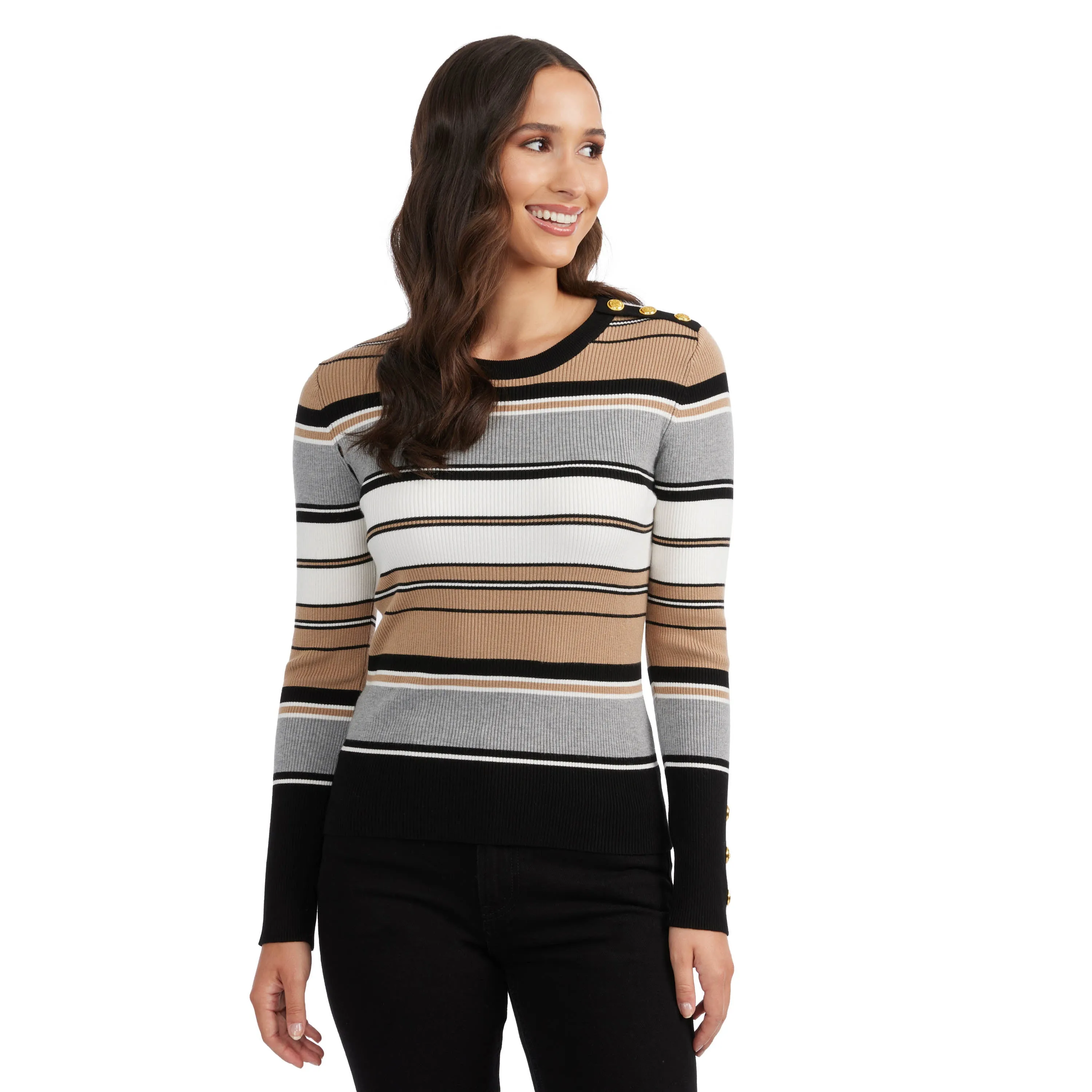 Ellen Tracy Women's Crew Neck Rib Sweater with Button Detail
