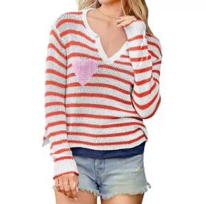 Eloise Striped Henley Sweater In Red & White