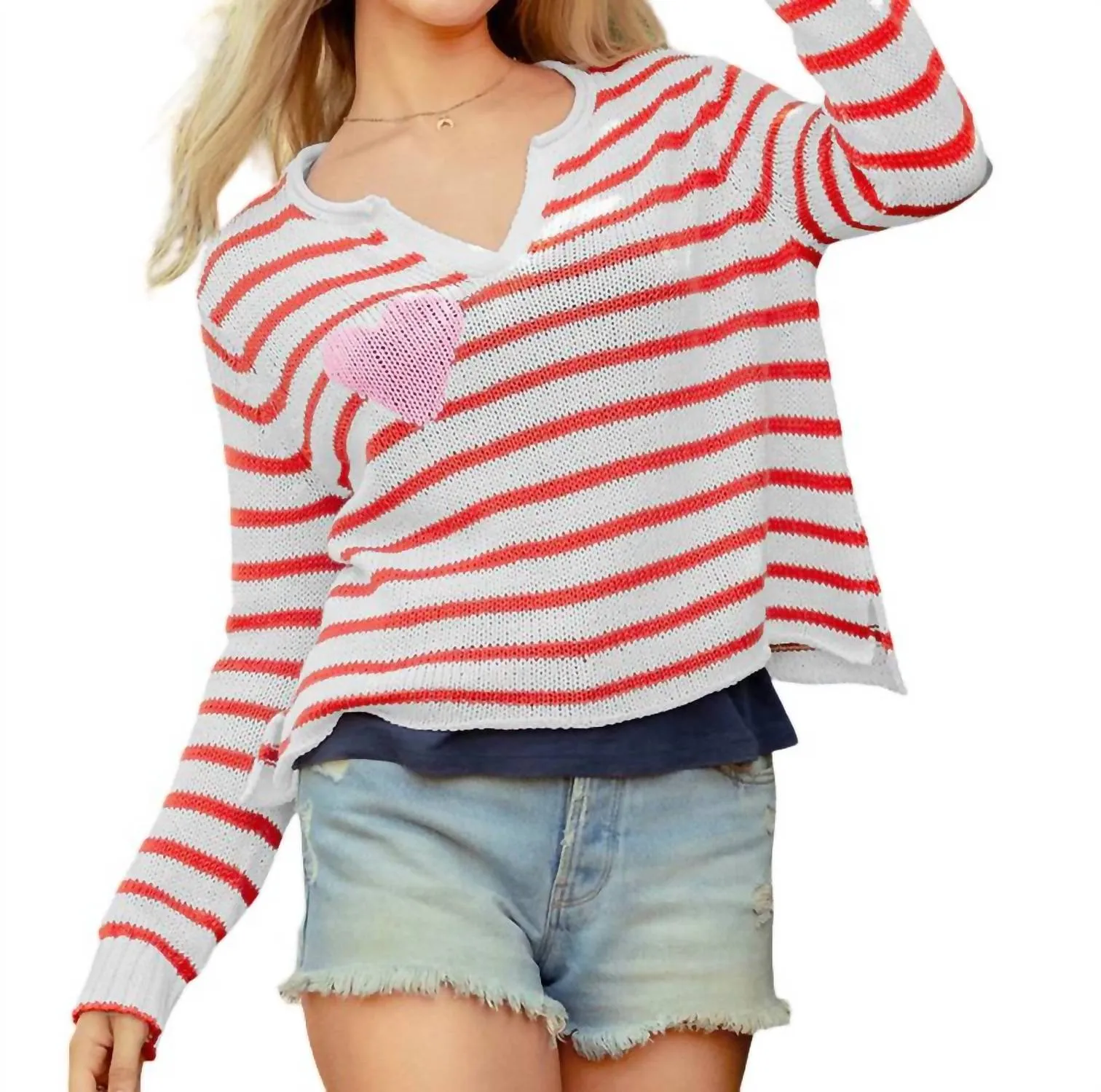 Eloise Striped Henley Sweater In Red & White