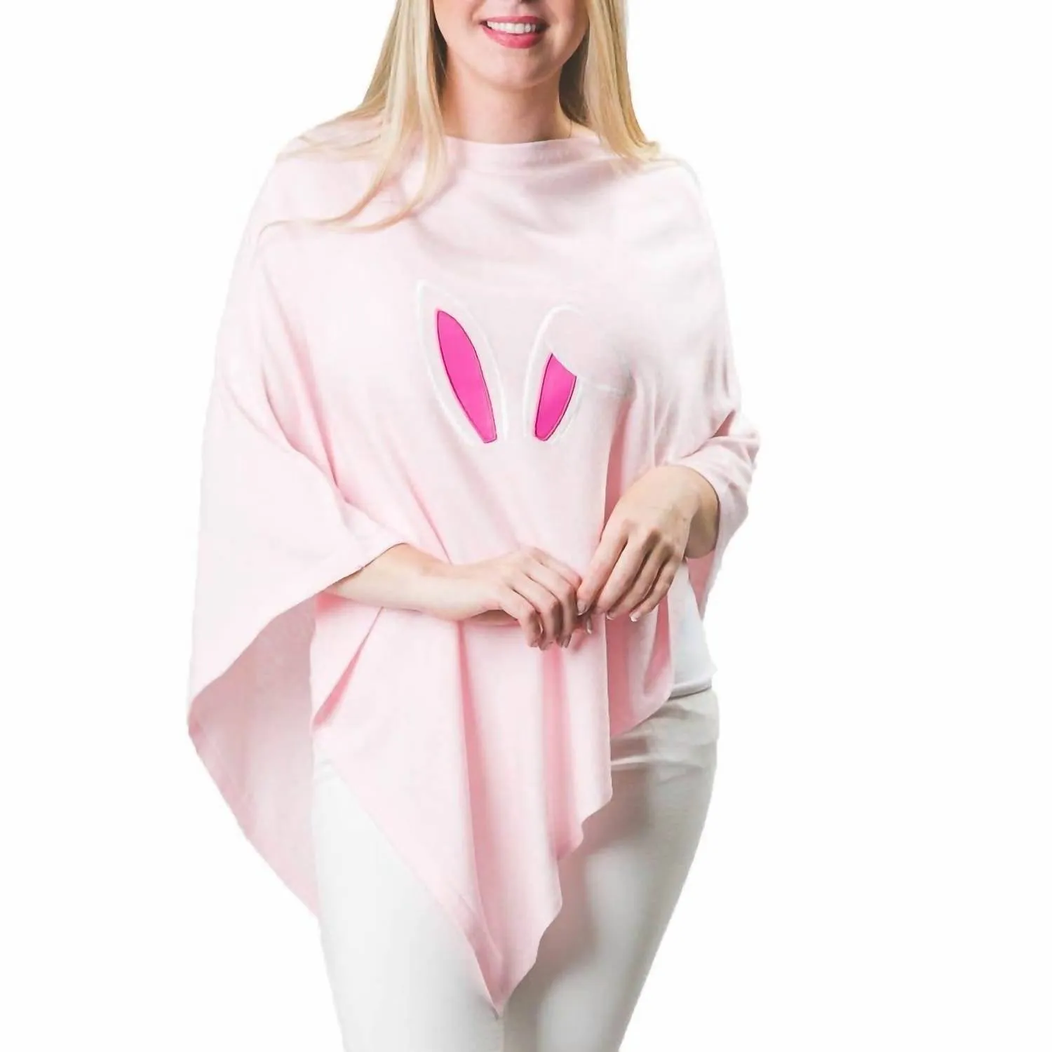 Embroidered Bunny Ears Knit Poncho In Pink