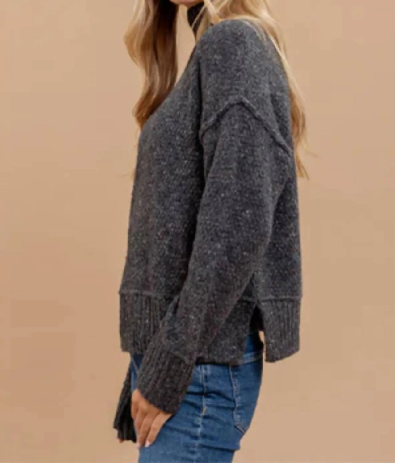 Exposed Seam Turtleneck Sweater In Charcoal