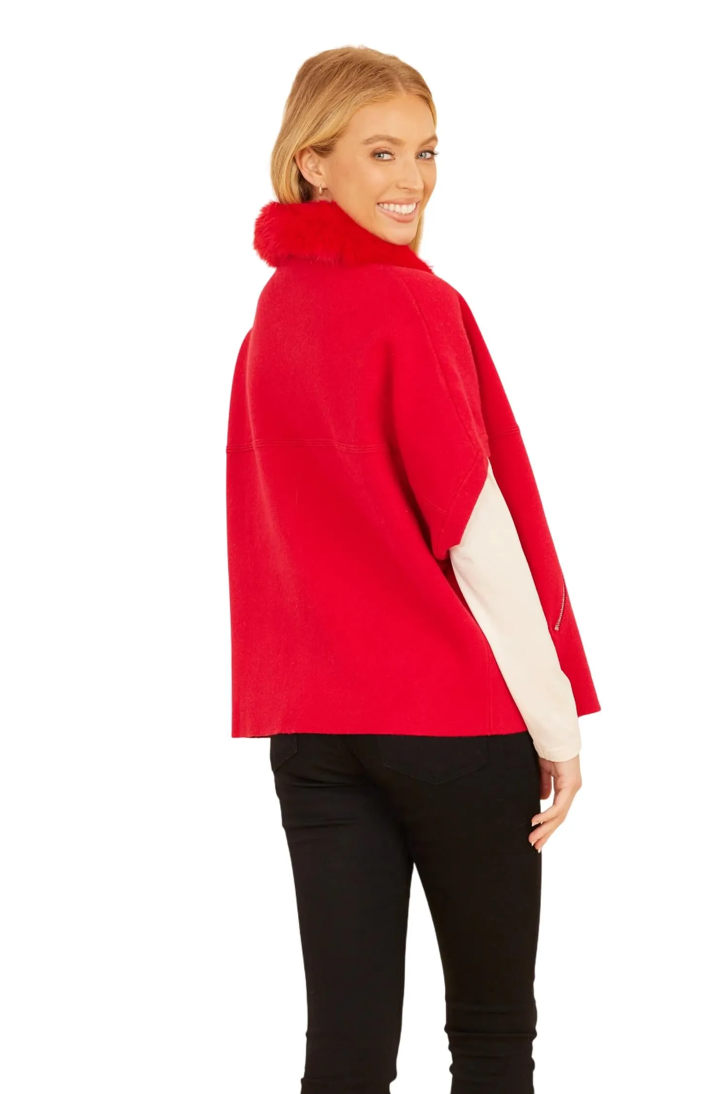 Faux Fur Trim Cardigan In Red