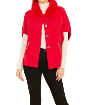Faux Fur Trim Cardigan In Red