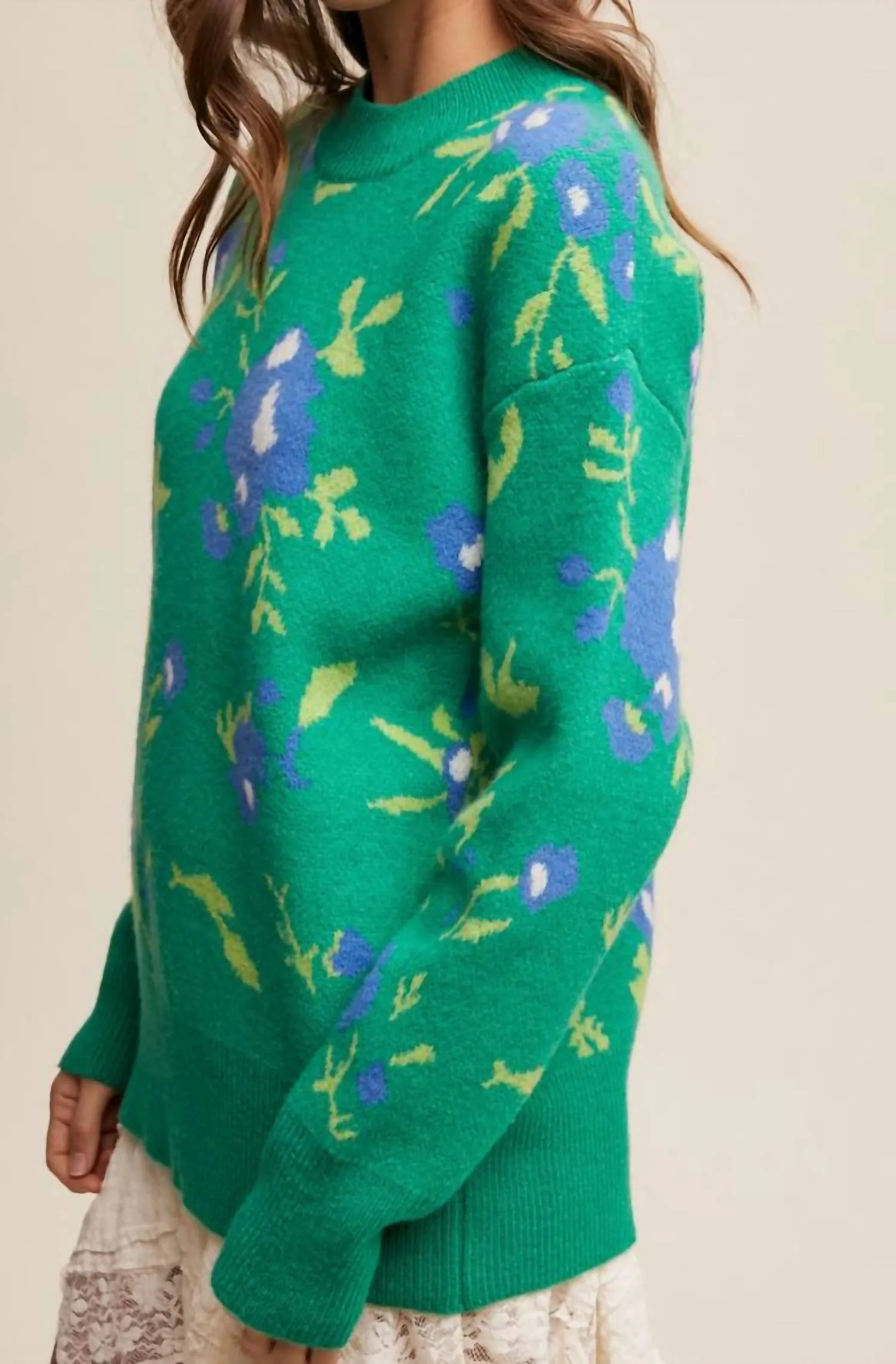 Flower Pattern Pullover Knit Sweater In Green