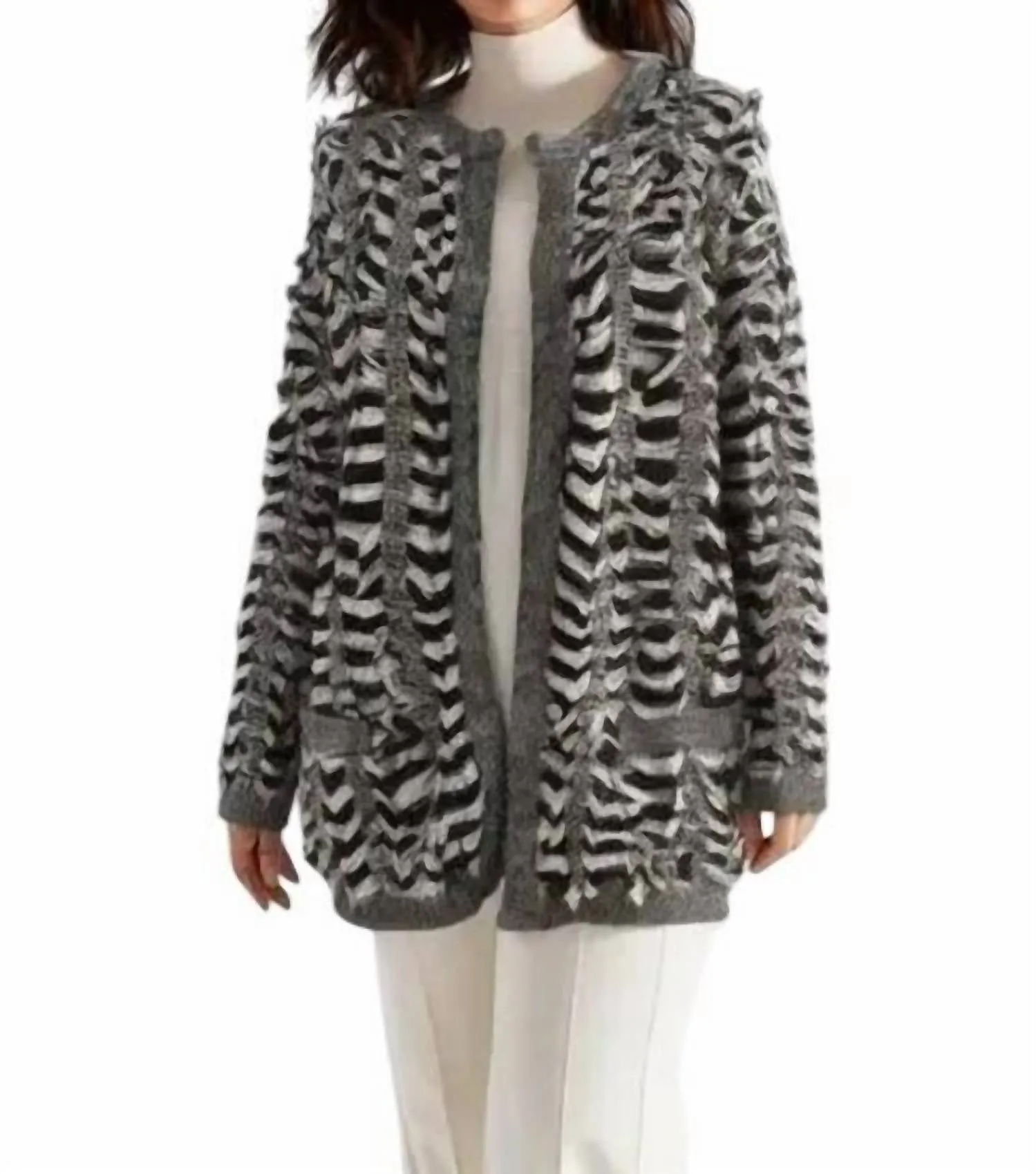 Fringe Cardigan Sweater In Black, White