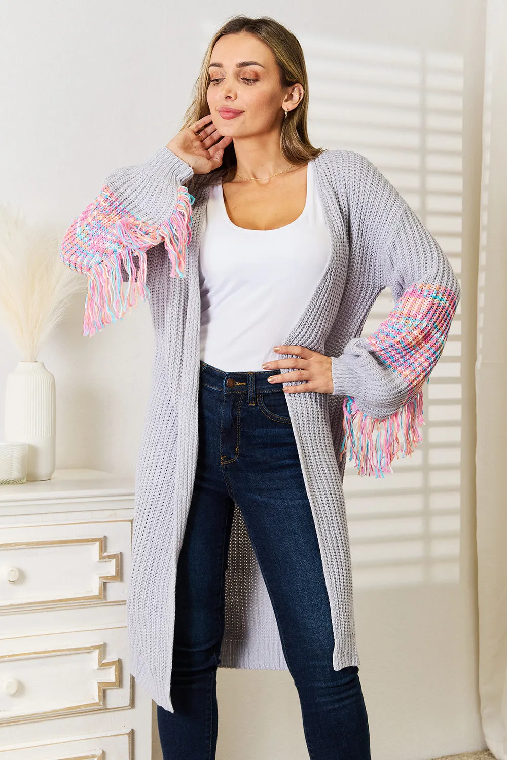 Fringe Sleeve Dropped Shoulder Cardigan