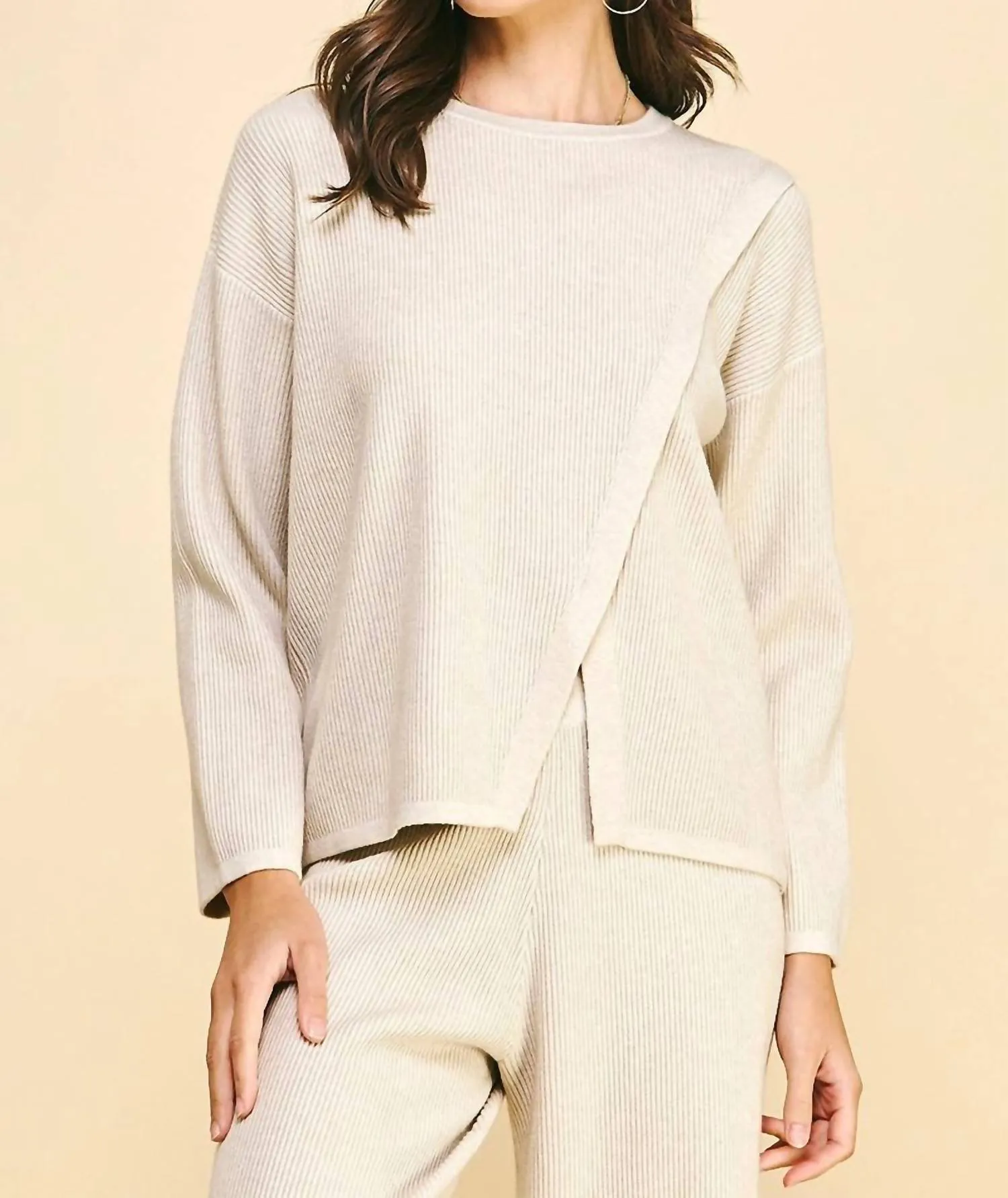 Front Slit Pullover Sweater In Oatmeal