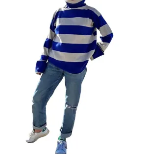 Funnel Neck Sweater In Blue & Cream
