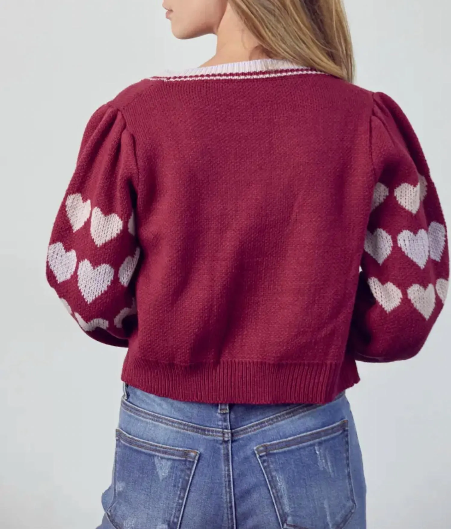 Heart Button-Front Cardigan In Burgundy Lavender Combo