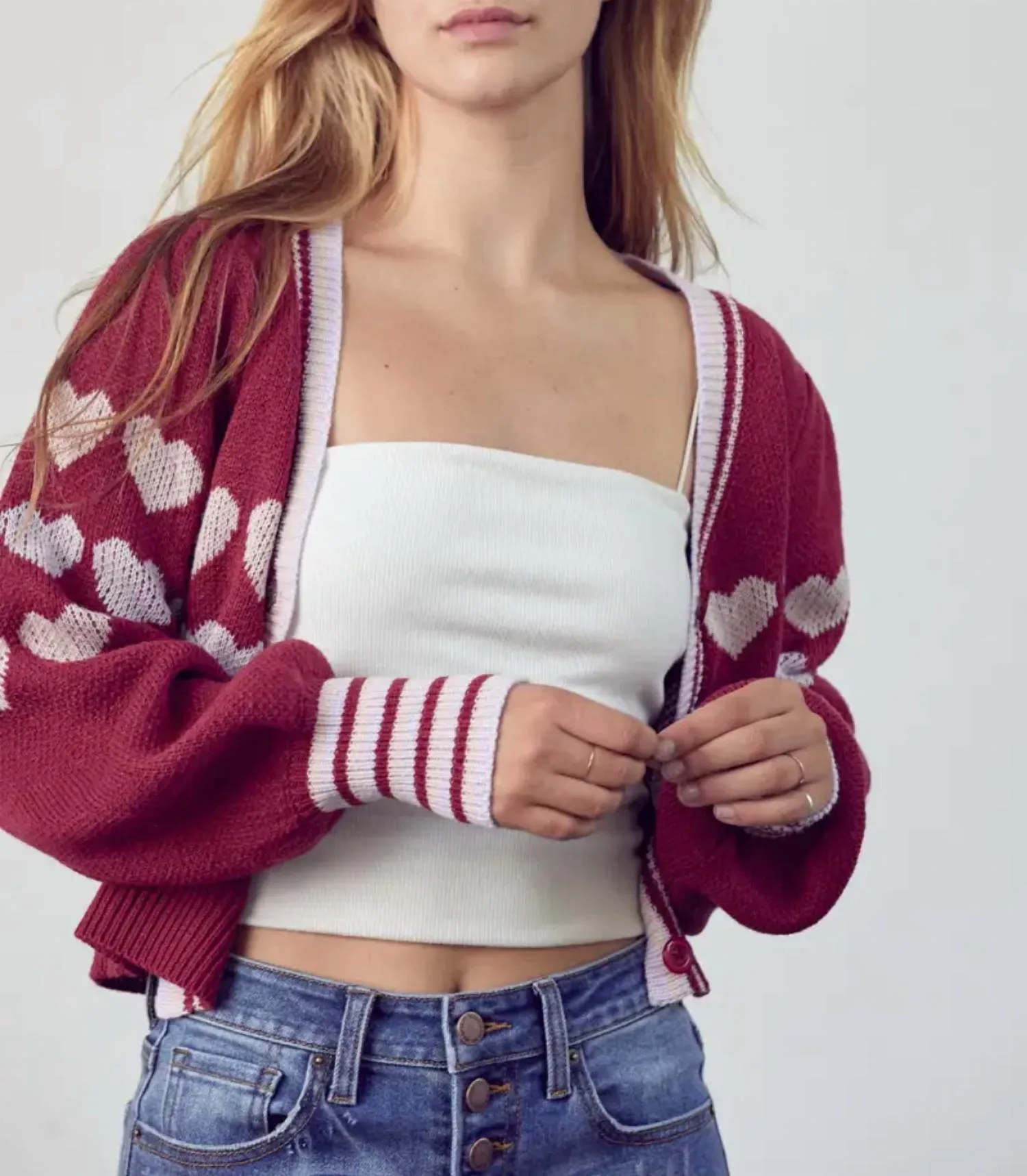 Heart Button-Front Cardigan In Burgundy Lavender Combo