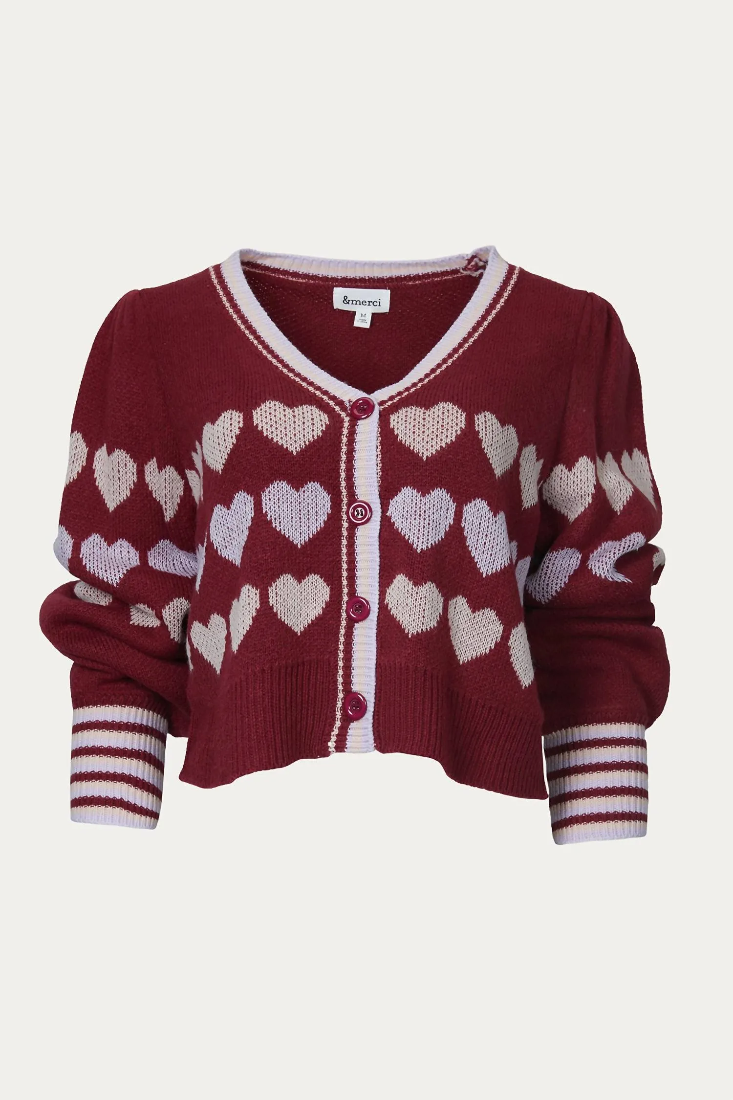 Heart Button-Front Cardigan In Burgundy Lavender Combo