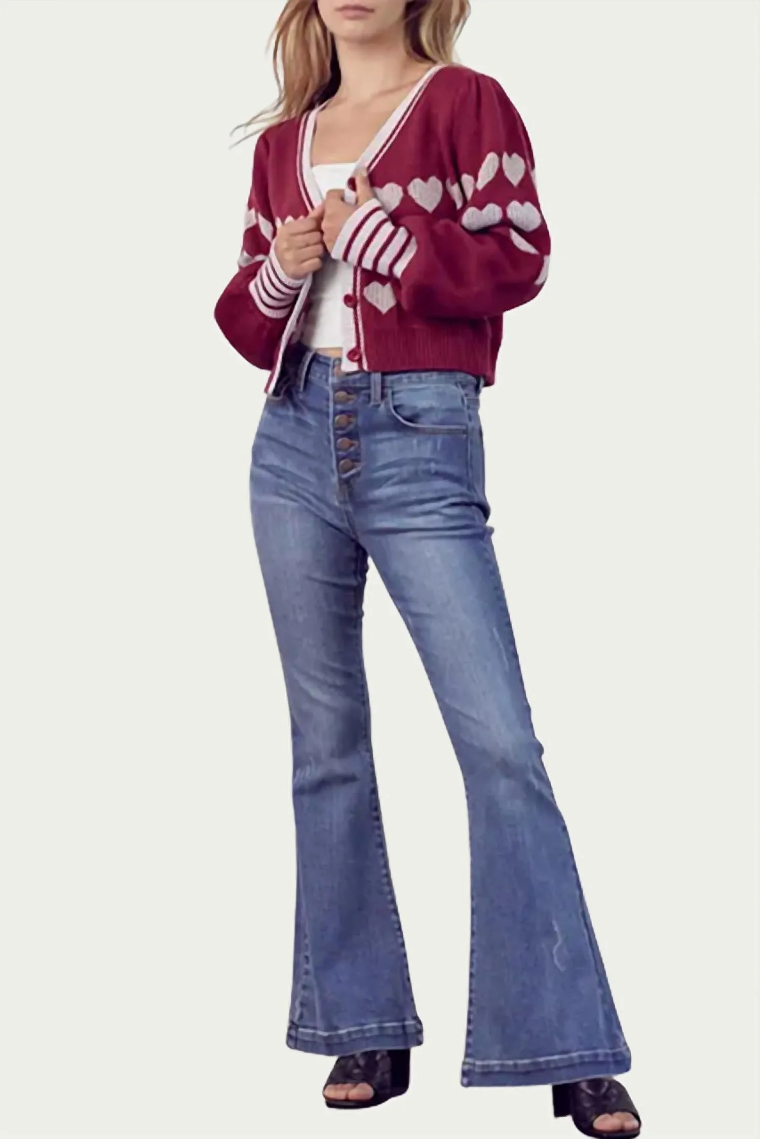 Heart Button-Front Cardigan In Burgundy Lavender Combo