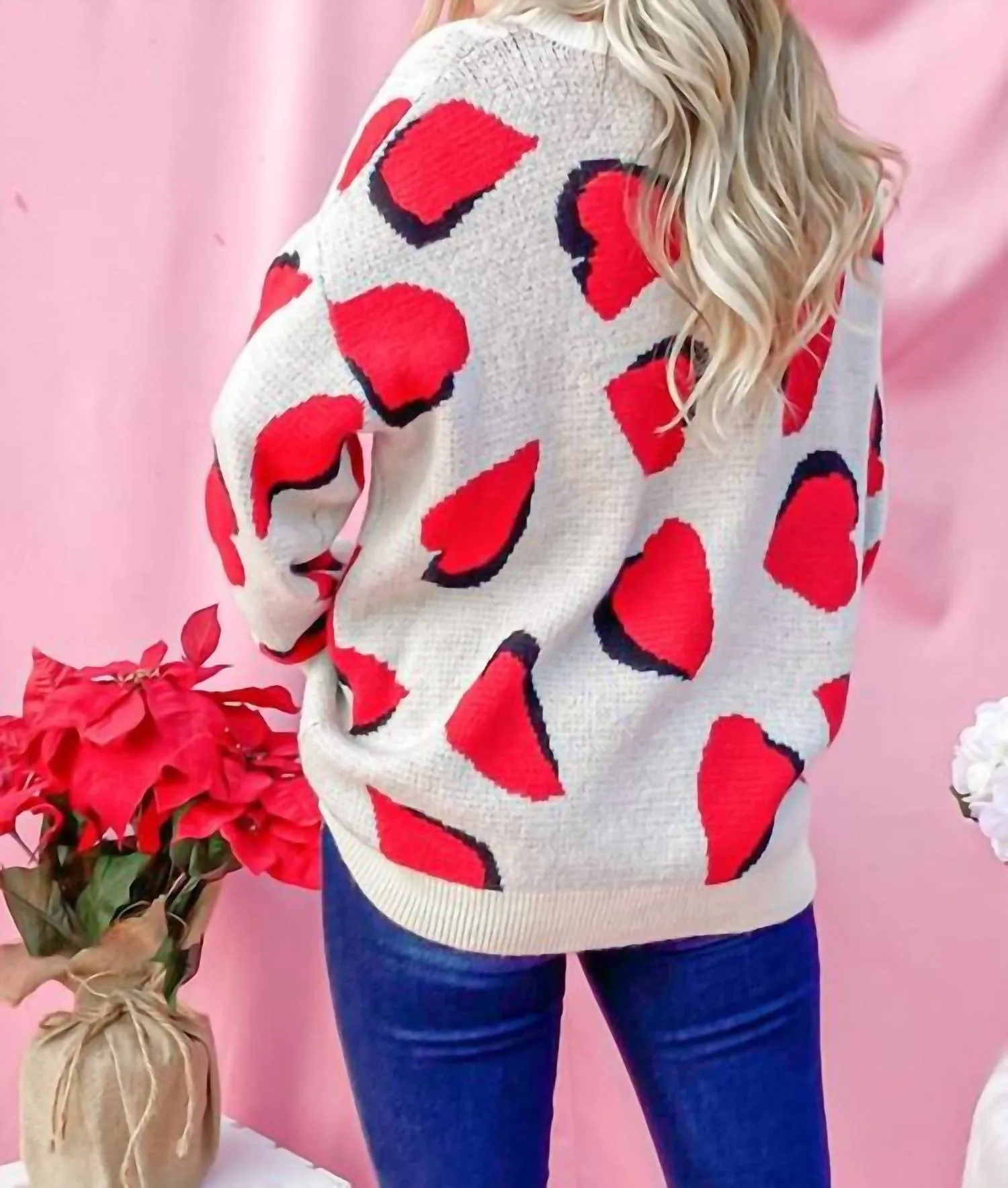 Heart Pattern Knit Sweater Top In Red