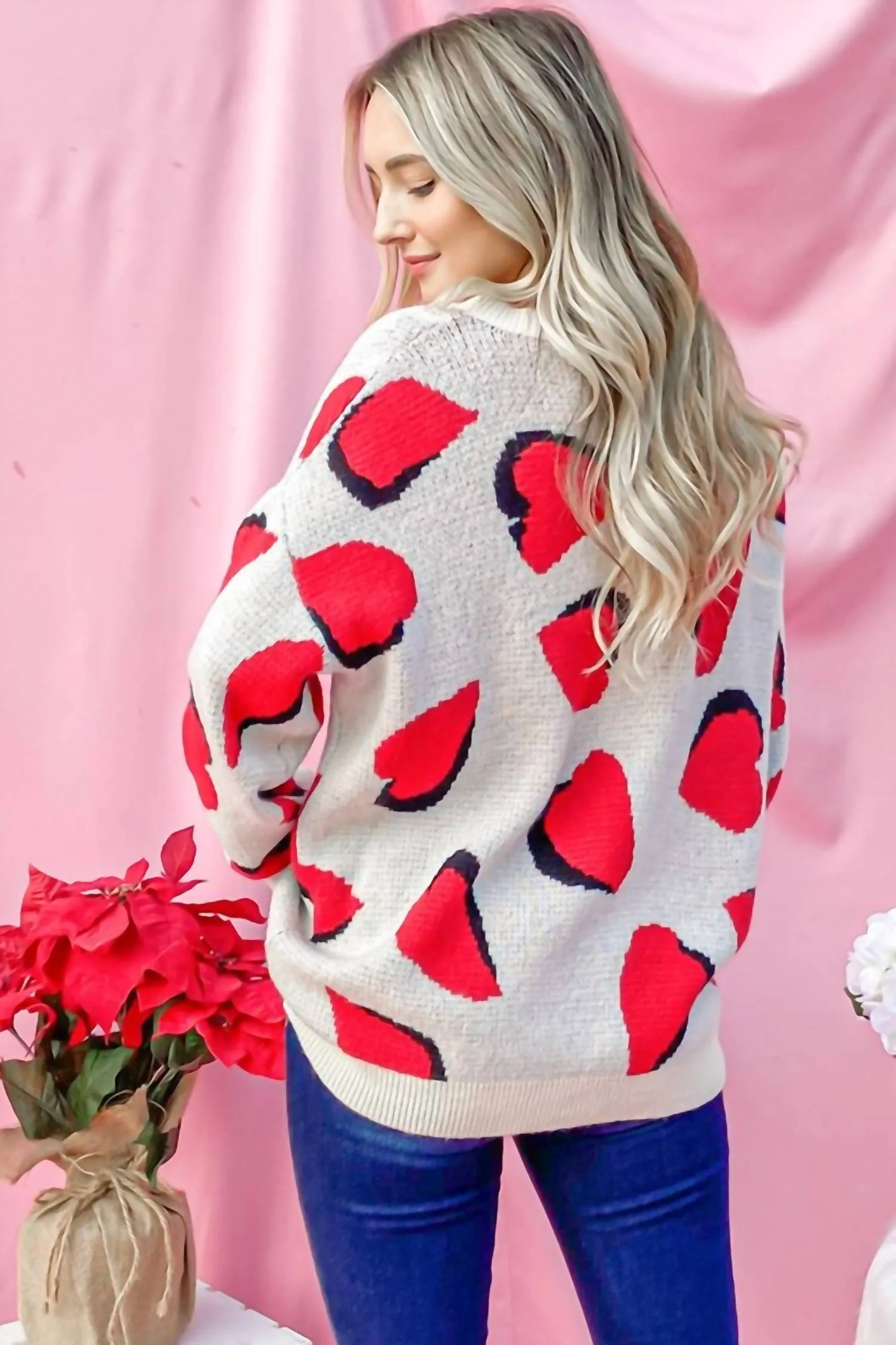 Heart Pattern Knit Sweater Top In Red
