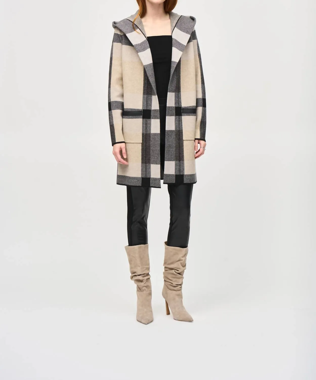 Hooded Tartan Winter Cardigan In Oatmeal/black
