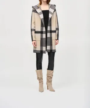 Hooded Tartan Winter Cardigan In Oatmeal/black