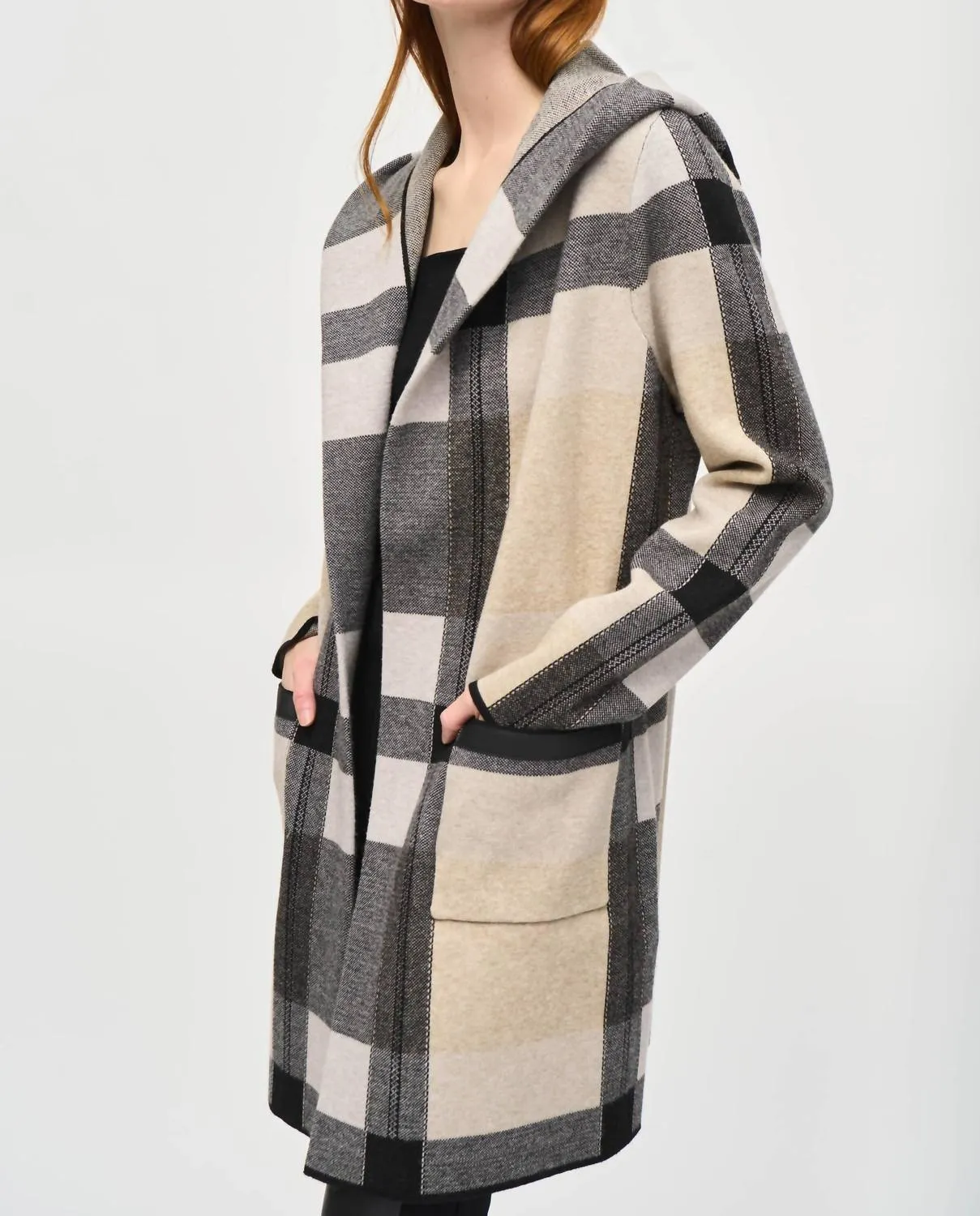 Hooded Tartan Winter Cardigan In Oatmeal/black