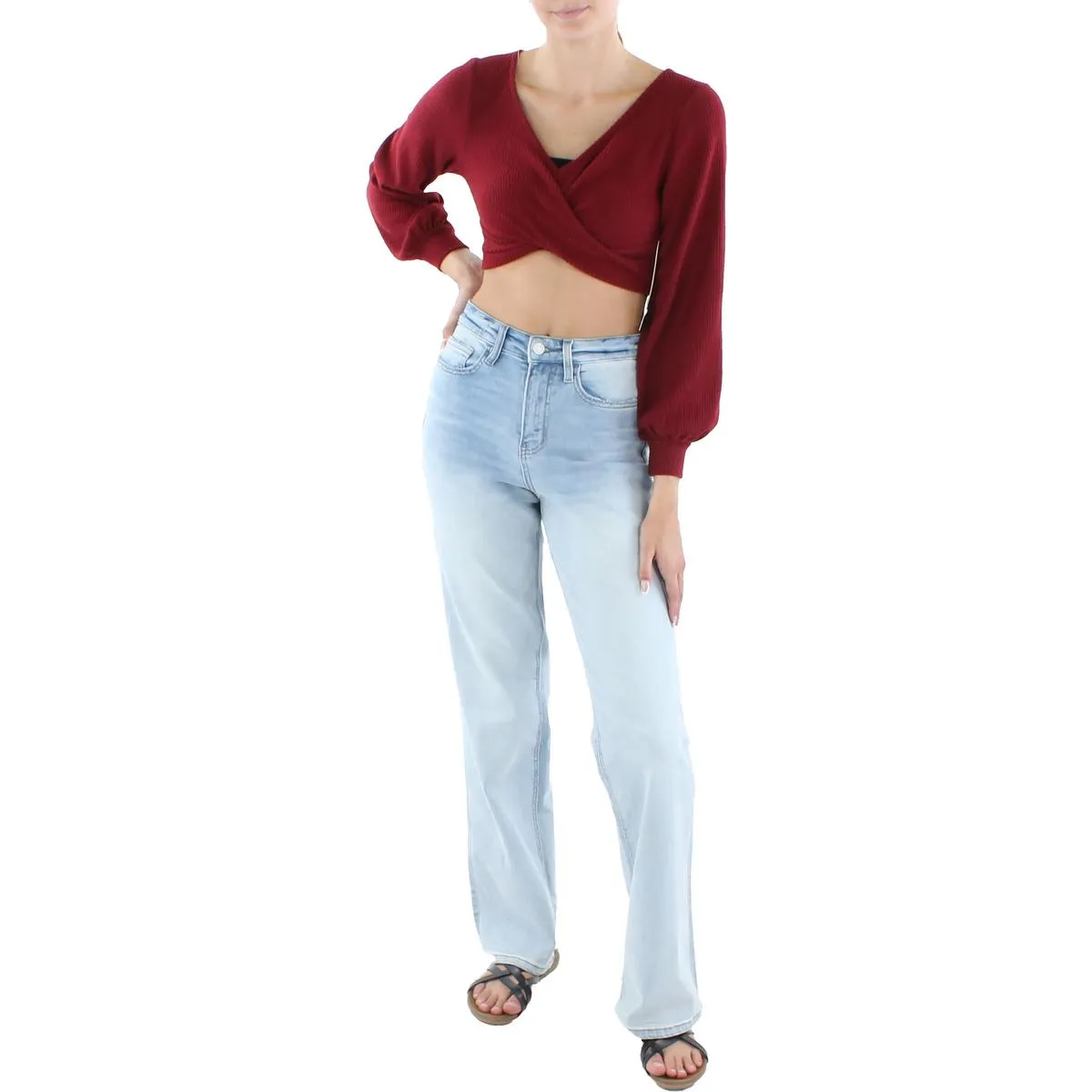 Juniors Womens Knit Ribbed Crop Sweater