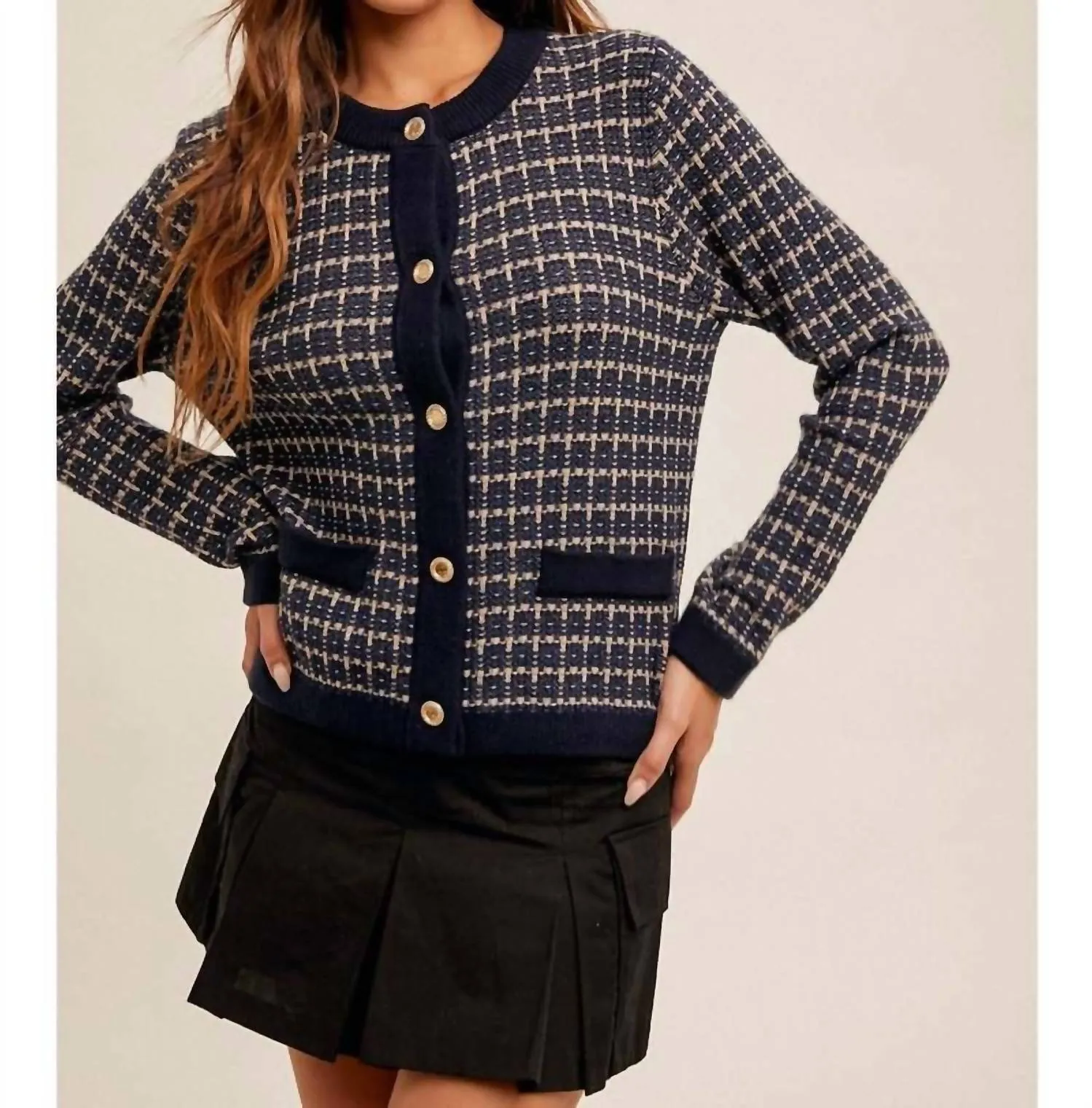 Juno Tweed Sweater Cardigan In Navy