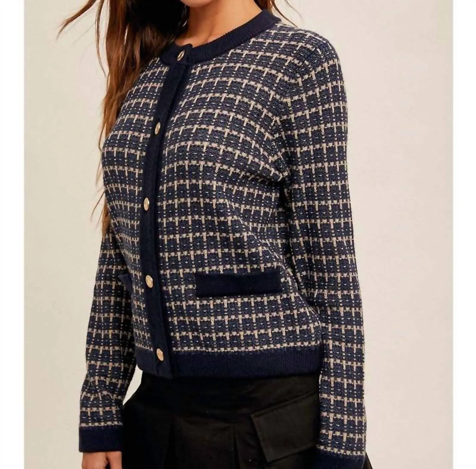 Juno Tweed Sweater Cardigan In Navy