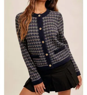 Juno Tweed Sweater Cardigan In Navy
