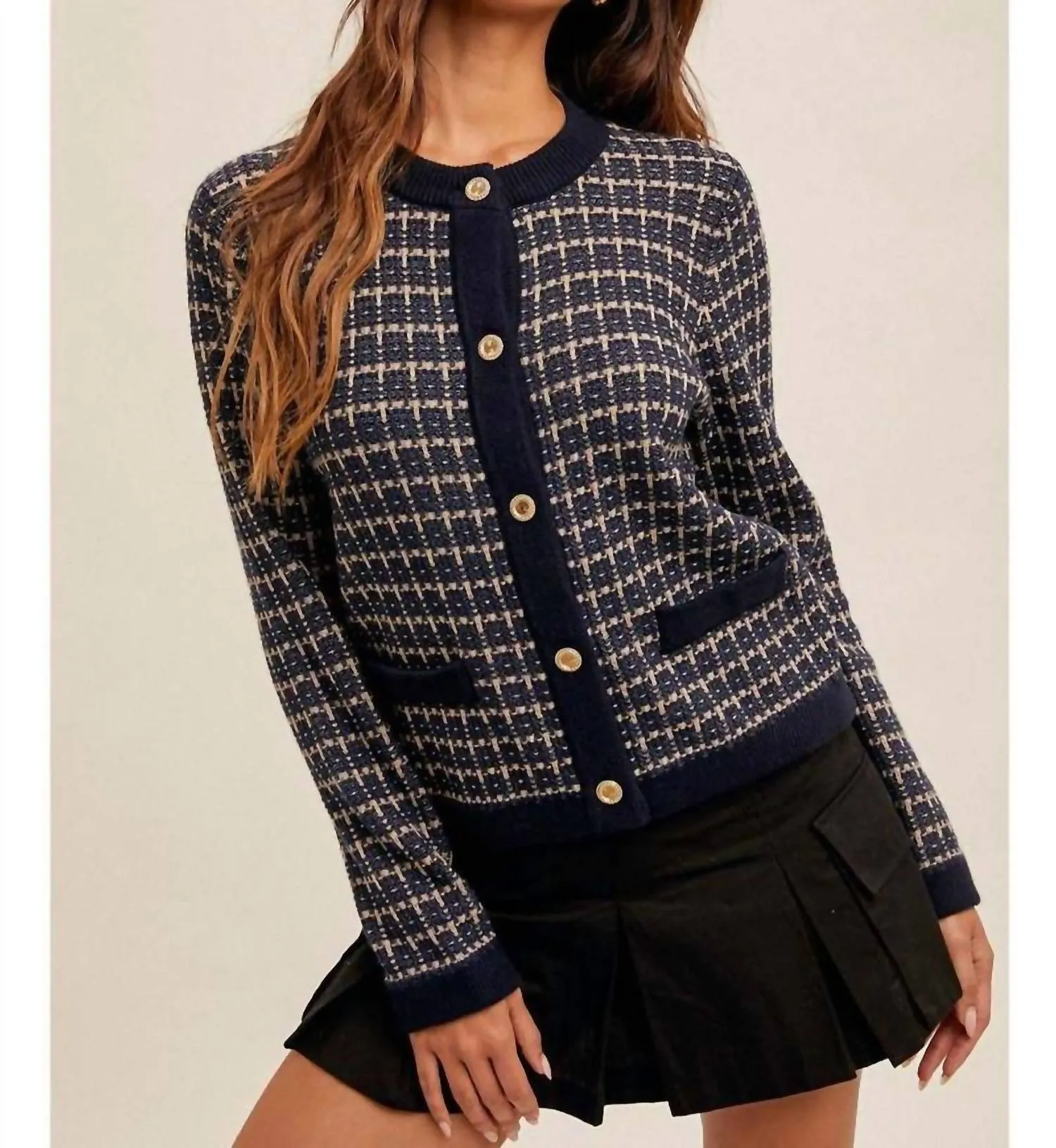 Juno Tweed Sweater Cardigan In Navy