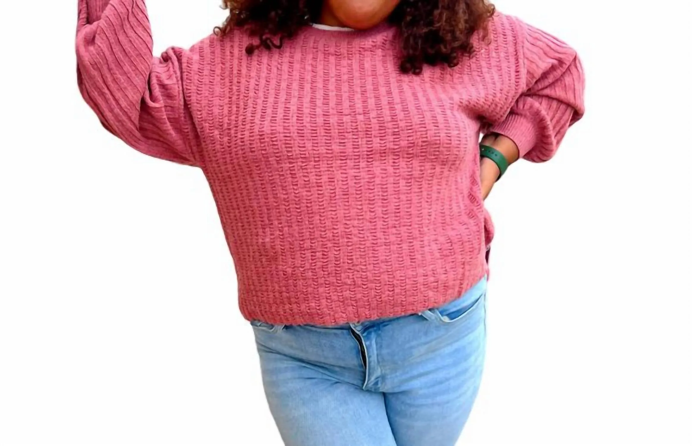 Kennedy Contrast Color Detail Neck Sweater Top In Pink