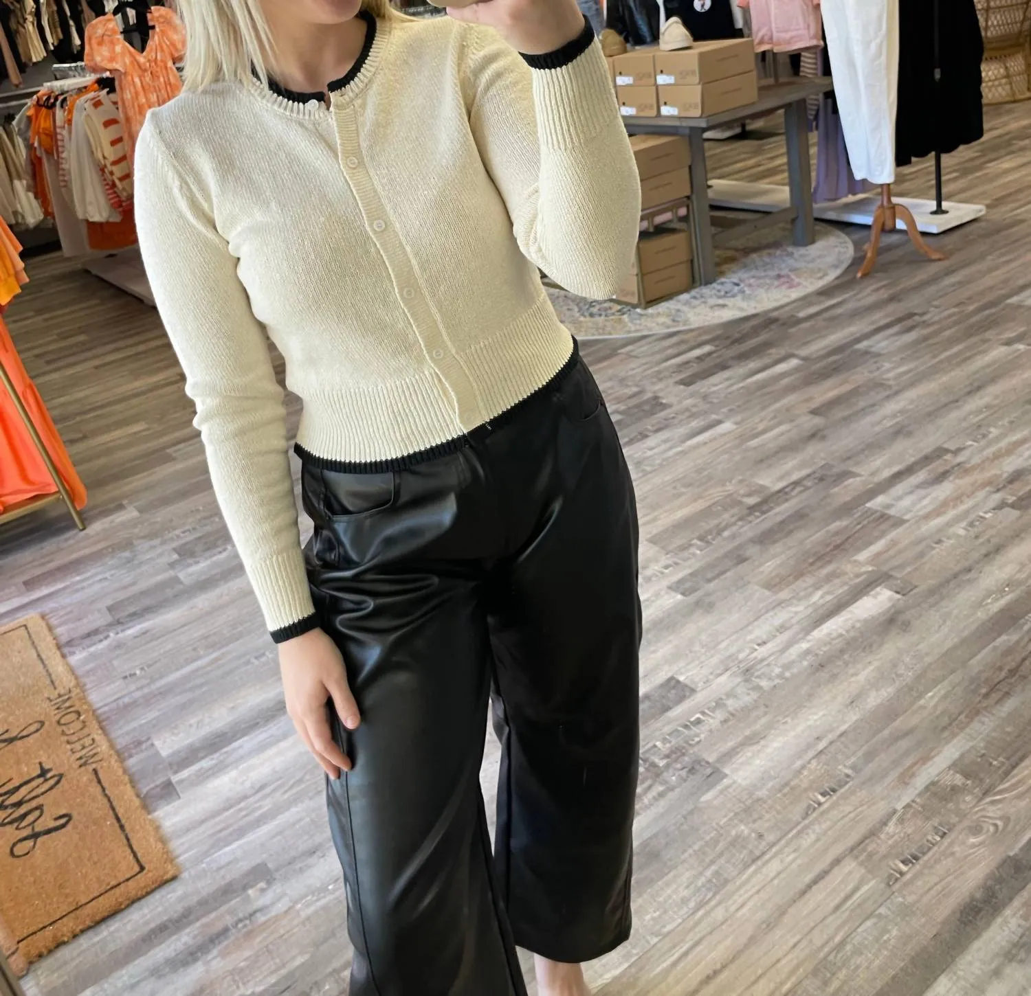 Knit Button Down Cardigan In Cream/ Black