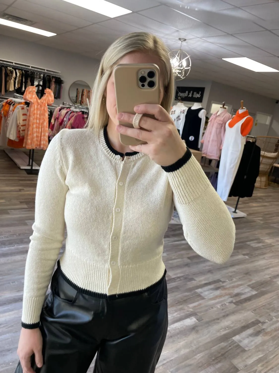 Knit Button Down Cardigan In Cream/ Black